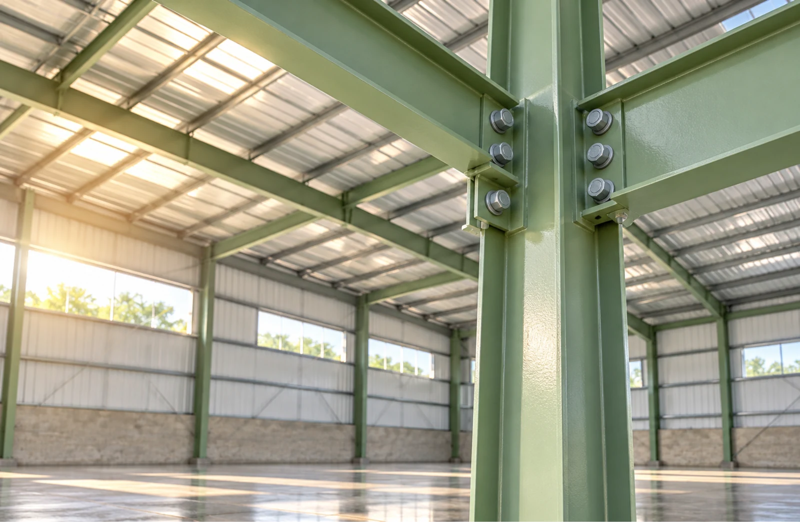 Bolted steel joint inside a steel building